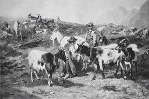 Shepherds with goats in a mountainous landscape