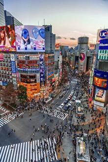 Shibuya Crossing from above, crowds of people at intersection