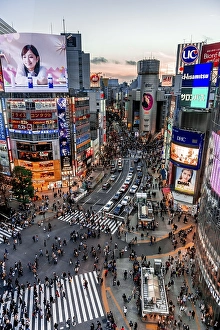 Shibuya Crossing from above, crowds of people at intersection