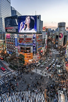 Shibuya Crossing from above, crowds of people at intersection
