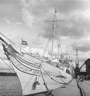 Ship in the harbour 1956. A Turkish passenger ship in Stockholm's harbour. A carved eagle adorning the bow