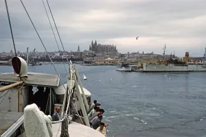 Ship leaving harbour port of Palma de Majorca, Balearic Islands, Spain 1950s