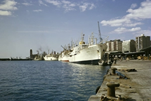 The ship Monte Ulia and other ships at the quay in the harbour of Tenerife, Canary Islands, Spain 1971