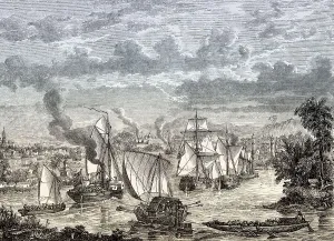 The ships of Major General Sir Henry Havelock at the Ganges River