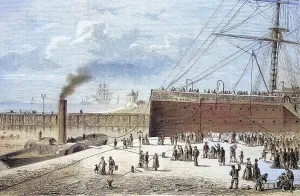 Ships Moselle and Simson shortly in front of the bomb attack on the emigrant ship in Bremerhaven harbour on 11 December