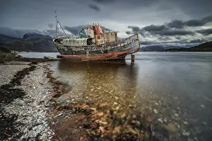 Shipwreck, coast, sea, mountains