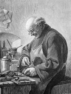 Shoemaker in his workshop, 1880