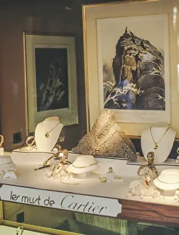 Shop window of a jewelry store 1990 with Les must de Cartier jewelry and watches