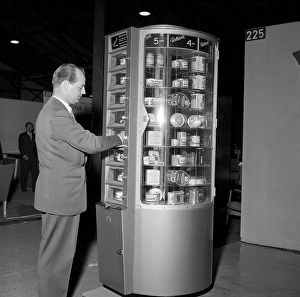 Shopping in the 1950s. A vending machine called Rotosell presented at the trade fair Sankt Eriksmaessan 1954