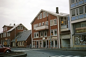 Shops with historic buildings in the city centre, Reykjavik, Iceland 1972