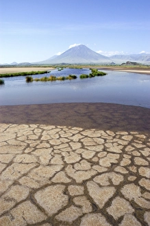 Category Mountain Landscapes Prints: Shore of Lake Natron, Oldoinyo Lengai volcano at back