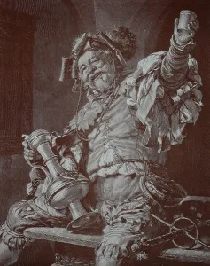 Showman with wine cup and jug in a cheerful mood