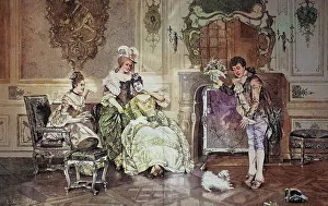 A shy suitor stands with a bouquet of flowers in front of his beloved