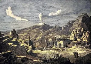 Sicily, the theatre of Taormina and Mount Etna in the background