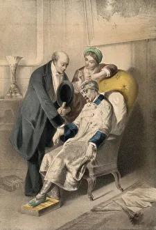 A sick man sticks out his tongue while a doctor takes his pulse