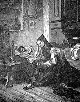 At the Sickbed, Mother Watching at the Bedside of the Sick Child