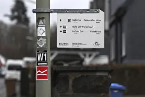 Category Historic EN Prints: Signpost for hiking trails at the Heimhoftheater in Burbach-Wurgendorf / Wasserscheide Signpost for hiking trails