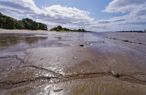 Silt is exposed when the water level of the Weser is low on the island of Harriersand
