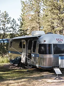A silver Airstream camper is parked at a wooded campsite with trees surrounding it under daylight