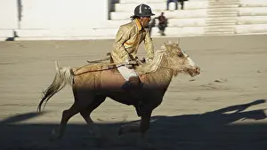 Single rider on horseback playing polo in traditional clothing on a horse moving