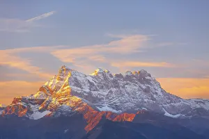Sinrise or sunset panoramic view of the Dents du Midi in the Swiss Alps