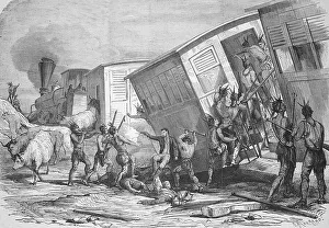 Sioux Indians attacking a train on the Pacific Railroad line in the western United States