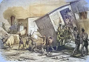 Sioux Indians attacking a train on the Pacific Railroad line in the western United States