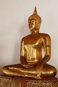 Sitting Buddha Gold Statue close up in Buddhist Temple