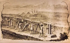Sketch of defence complex with soldiers