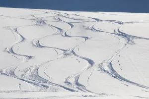 Ski tracks on a mountain slope in powder snow