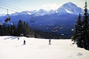 Skiing at Lake Louise Ski Resort, Banff National Park, Alberta, Rocky Mountains, Canada in 1981 with a view of Mount Temple