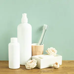 Skin care and spa concept. Bathroom bottle and toothbrush