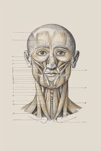 Skull with muscle structure, anatomical illustration