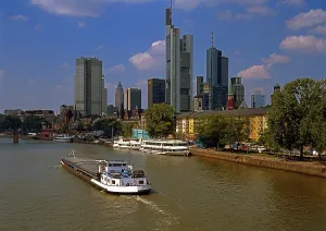 Skyline, banks, skyscrapers, Main, cargo ship, riverside promenade, Frankfurt am Main, Hesse, Germany, Europe