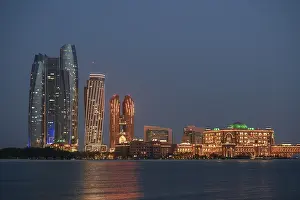 Skyline at dusk, Etihad Towers and Emirates Palace Hotel