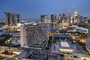 Skyline at dusk, Financial District with the Marina Bay Sands Hotel