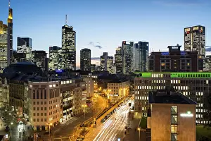 Skyline at dusk, Frankfurt, Hesse, Germany, Europe