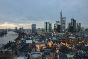 The skyline of a modern city in the evening at sunset