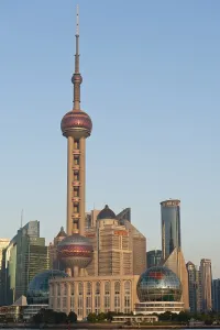 Skyline with skyscrapers, Oriental Pearl Tower television tower