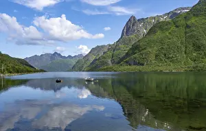 Small boats at the fjord Austnesfjorden