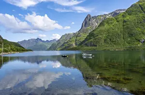 Small boats at the fjord Austnesfjorden