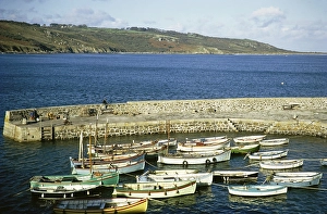 Small boats in the harbour of Coverack, Cornwall, England, UK 1967