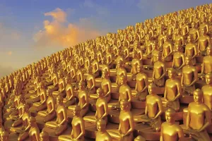 Category Buddhism Prints: Small golden Dhammakaya Buddha statues at the Chedi