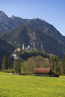 A small hut on a wide meadow with a castle majestically perched on a mountain peak behind it