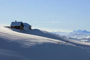 Small pasture in winter in the high alp with views of Mt Rigi and Eastern Switzerland