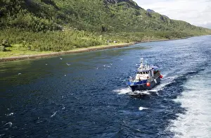 Small tourist boat in mountainous fiord landscape