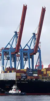 Small tug VB Perfect with large container ship MSC Tokyo at the Burchardkai container terminal in the Port of Hamburg