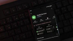 Smartphone displaying Health Services app interface in a dark setting with visible keyboard