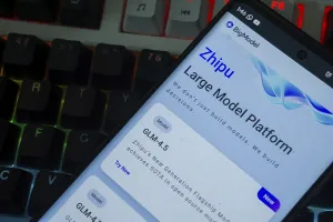 Smartphone displaying Zhipu platform interface with a backlit keyboard background