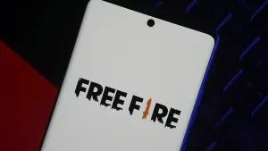Smartphone with Free Fire logo displayed on a neutral background